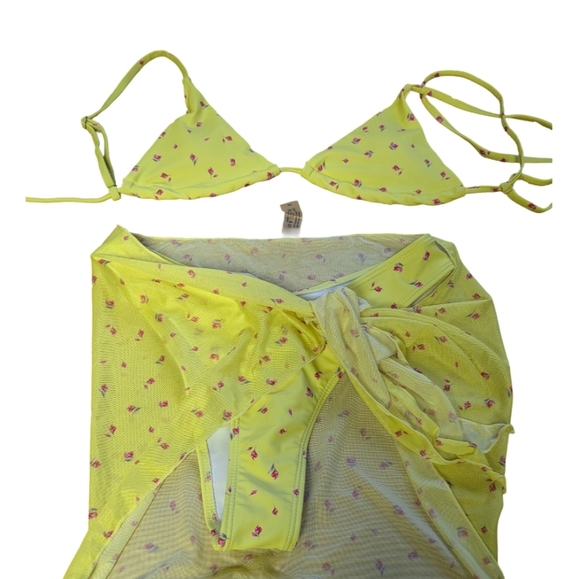 2/$25-Bikini Set- Yellow 3-Pc Triangle Top Low Rise High Cut Bottoms Mesh Skirt - Picture 3 of 8